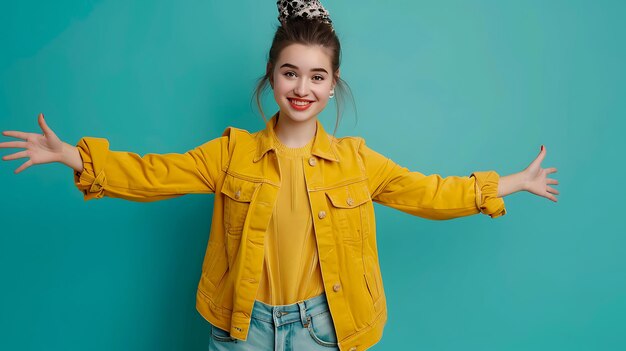 Cheerful young woman with bright smile showing copy space in blue background