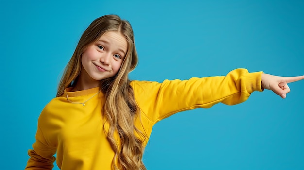 Cheerful young woman with bright smile showing copy space in blue background