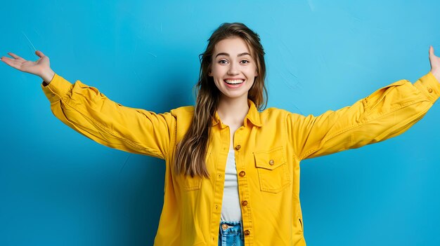 Cheerful young woman with bright smile showing copy space in blue background