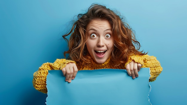 Photo cheerful young woman with bright smile showing copy space in blue background