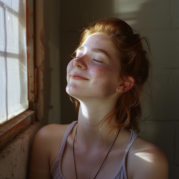 Cheerful young woman with closed eyes