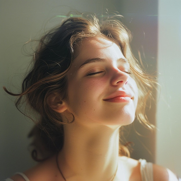 Cheerful young woman with closed eyes