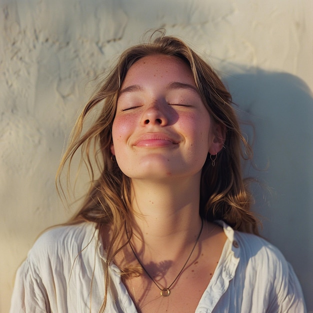 Cheerful young woman with closed eyes