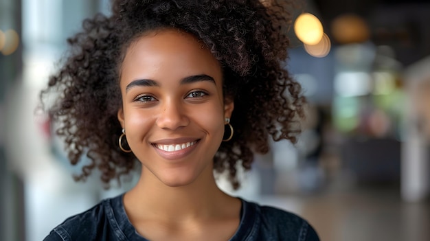 Cheerful young woman with curly hair smiling at the camera