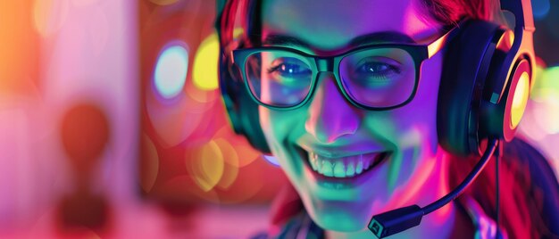 Photo a cheerful young woman with glasses and a headset illuminated by bright colorful lights enthusiastically immersed in her digital world enhancing her virtual experience