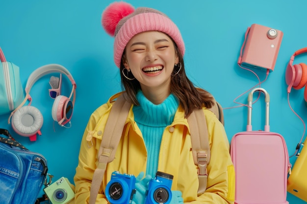 Cheerful Young Woman with Pink Beanie and Yellow Backpack Smiling with Colorful Travel Accessories