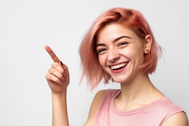 Cheerful young woman with pink hair points with a finger generative ai