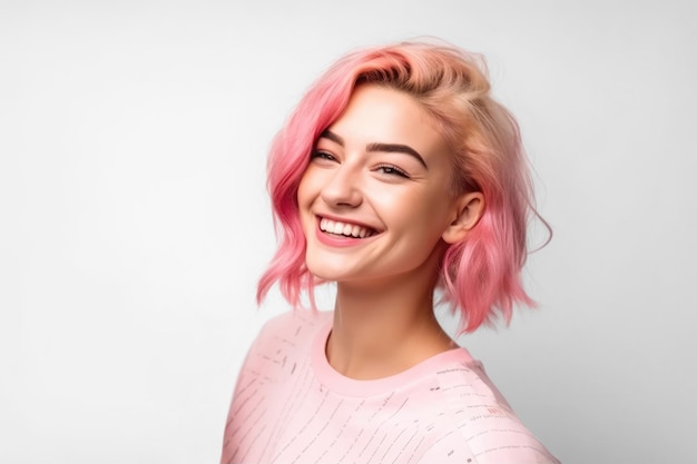 Cheerful young woman with pink hair points with a finger generative ai