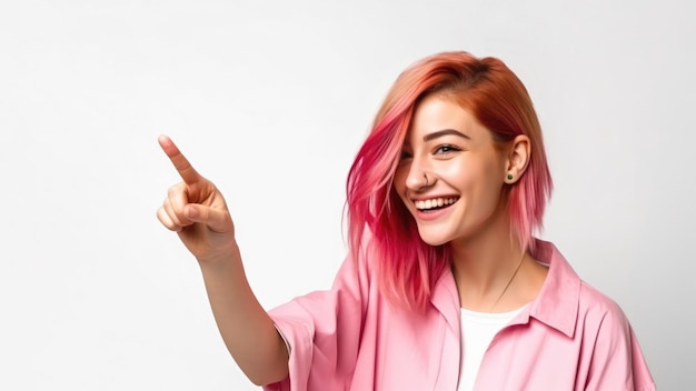 Cheerful young woman with pink hair points with a finger generative ai