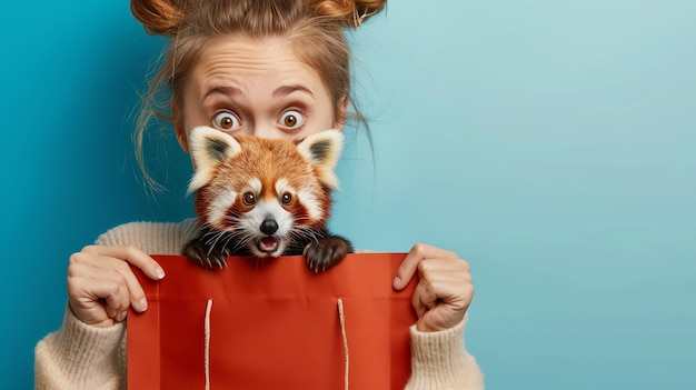 Photo cheerful young woman with red panda in shopping bag