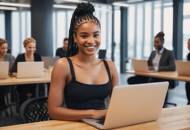 Cheerful young woman working on her laptop in an office setting her demeanor is happy and relaxed