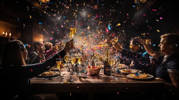 Cheerful youth showered confetti at a club party