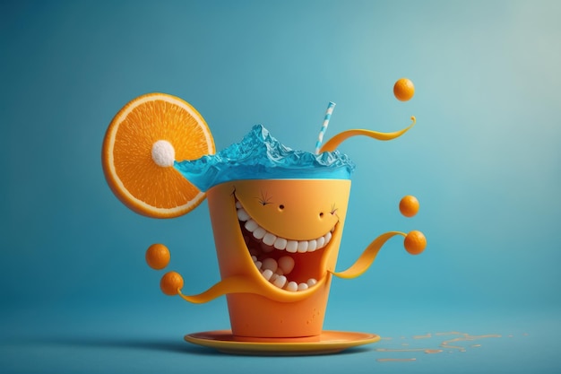 Cheerfull glass of Orange juice character smiling background Created Generative ai