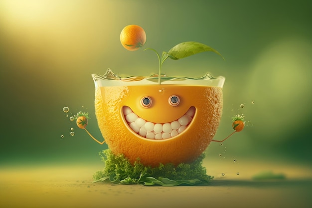 Cheerfull glass of Orange juice character smiling background Created Generative ai