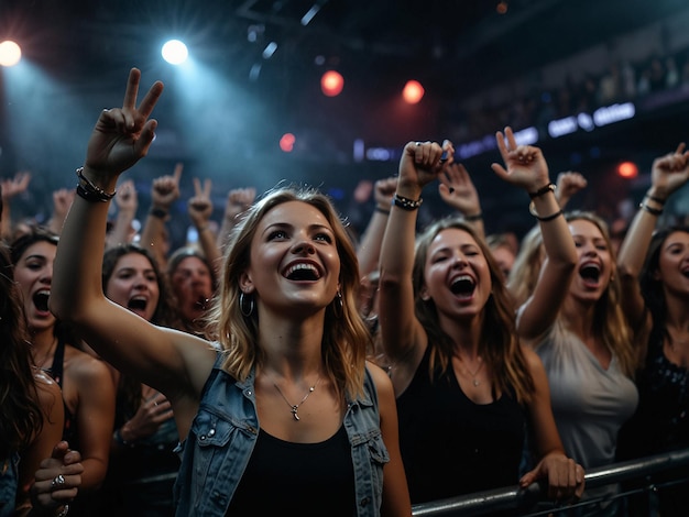 Cheering crowd having fun at music festival in a nightclub