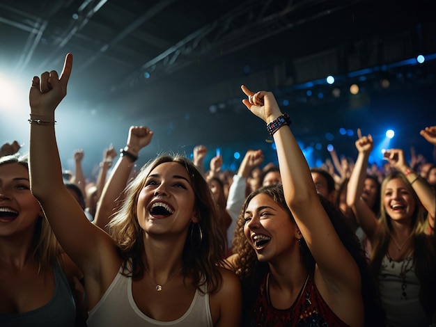 Cheering crowd having fun at music festival in a nightclub