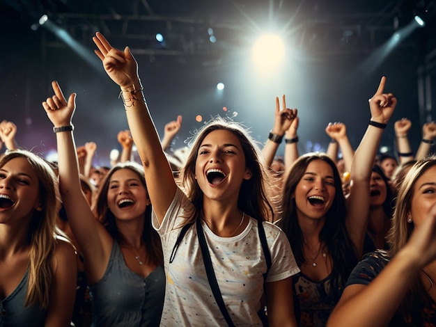 Cheering crowd having fun at music festival in a nightclub