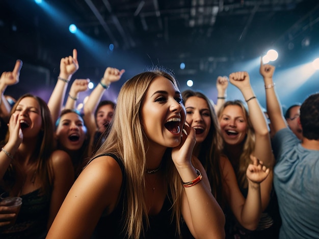 Cheering crowd having fun at music festival in a nightclub