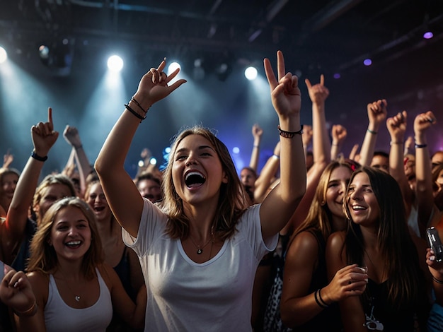 Cheering crowd having fun at music festival in a nightclub