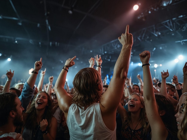 Cheering crowd having fun at music festival in a nightclub