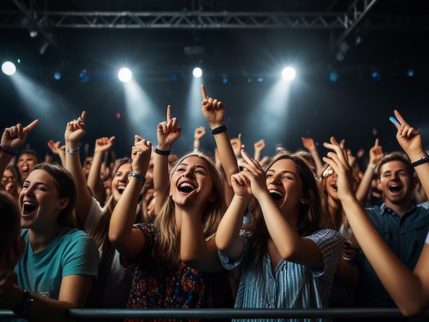 Cheering crowd having fun at music festival in a nightclub