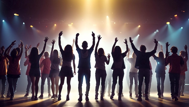 cheering crowd silhouette excited young people with hands up happy friends group nightclub