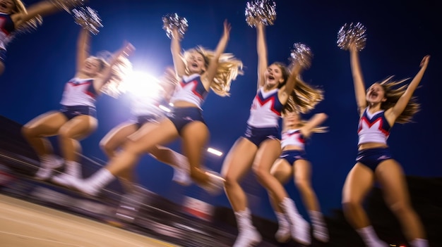 Photo cheerleaders performing in unison during a nighttime sports event