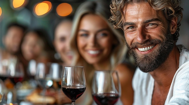 Photo cheers to friendship multiracial group enjoying red wine and rooftop dinner party