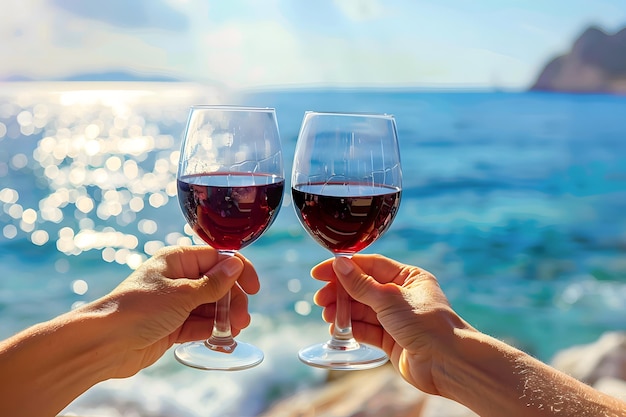 Cheers to Love Toasting with Red Wine by the Seaside