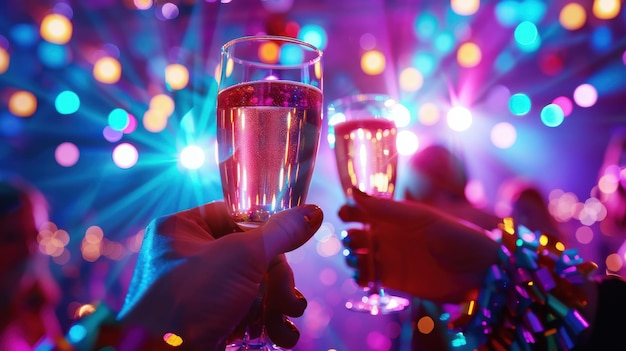 Cheers with Champagne in Colorful Party Lights