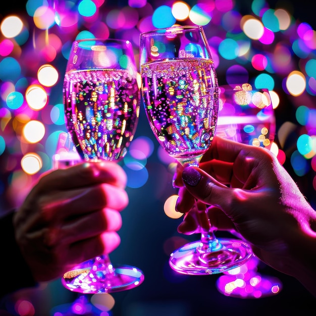 Cheers with Champagne Glasses and Colorful Lights