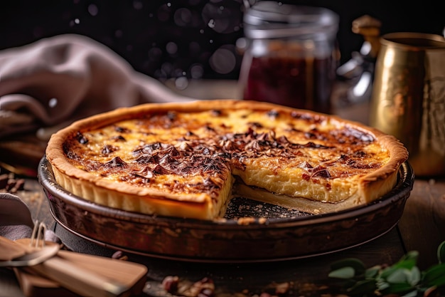 A cheese and bacon quiche on a table with a glass of coffee