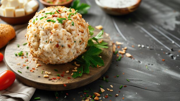 Cheese ball coated with nuts and herbs on a board