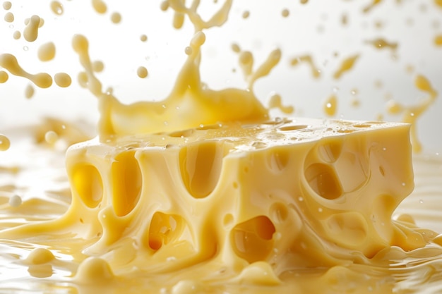 Photo cheese block in melting cheese splash