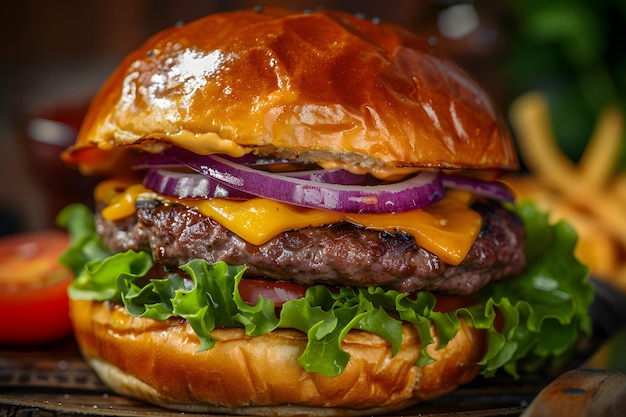 Cheese burger American cheese burger with Golden French fries and fresh salad