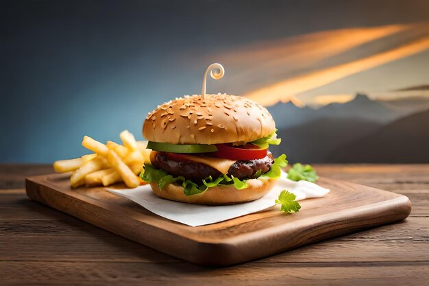 Cheese burger with fresh salad and french fries Ai generative