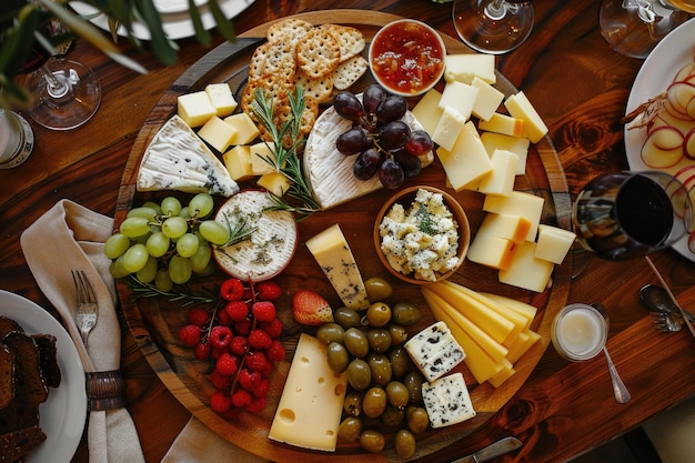 Cheese Charcuterie Board with Grapes Cured Meats and Crackers on Dark Wooden Background