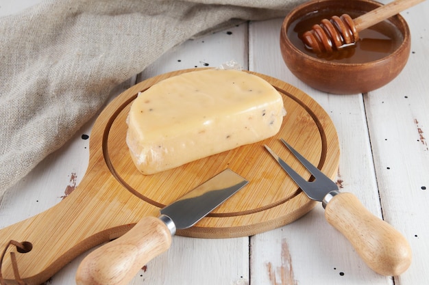 Cheese collection craft cow and goat milk cheese wooden table