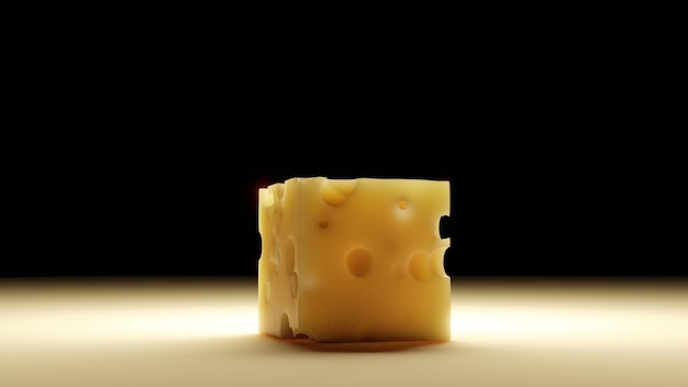 Cheese cube in close range on a kitchen desk (3D Rendering)