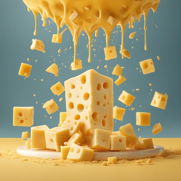 A cheese cube topped with cheese flying cheese yellow background