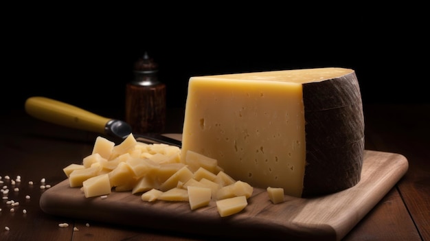 A cheese on a cutting board with a knife and a knife.