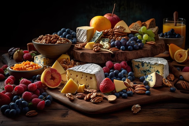 Cheese and fruit on a table full of assortments Generative Ai