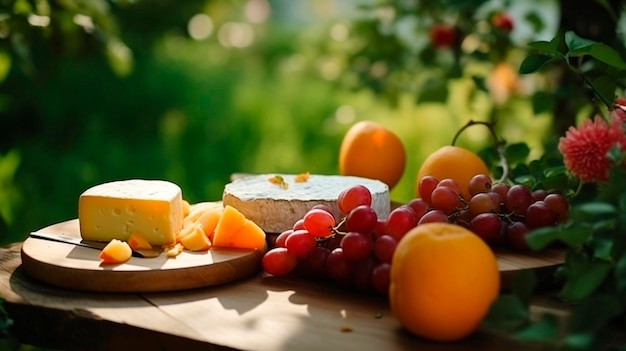 Cheese and fruits on a wooden cutting board Generative AI