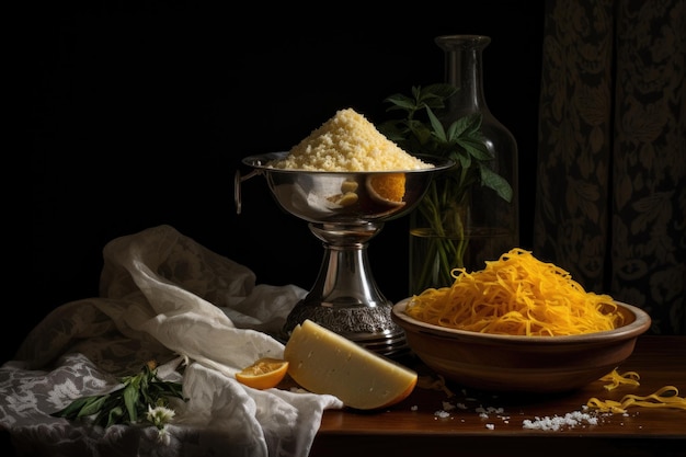 Cheese grater over bowl of freshly cooked pasta