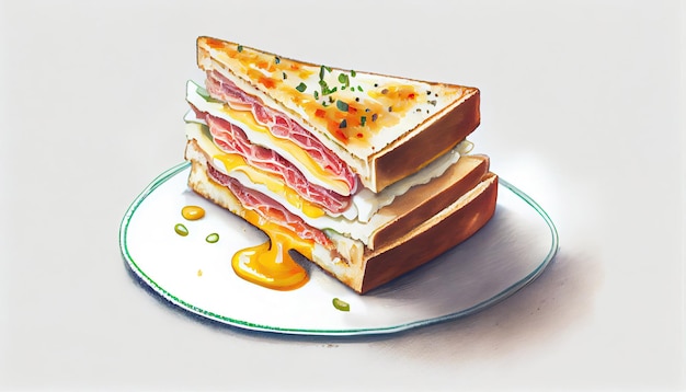 Cheese and ham toasted sandwich white background with Generative AI Technology