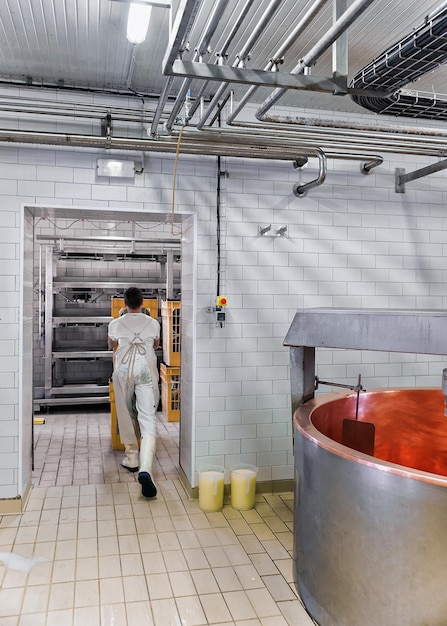 Cheese maker working in the dairy for the production of Gruyere de Comte Cheese in Franche Comte, Burgundy, France.