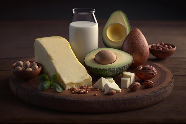 Photo cheese, milk. egg, avocado, nuts on a wooden tray. healthy eating, weight gain. keto diet. protein