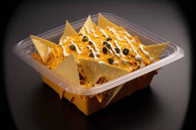 Cheese nachos in a plastic container