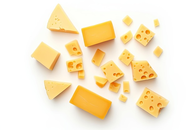 Cheese pieces and slices on white background from above