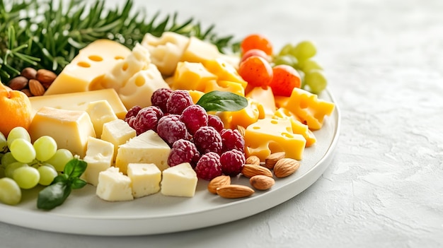 Photo cheese plate with different types of cheese fruits nuts on a light background generative ai